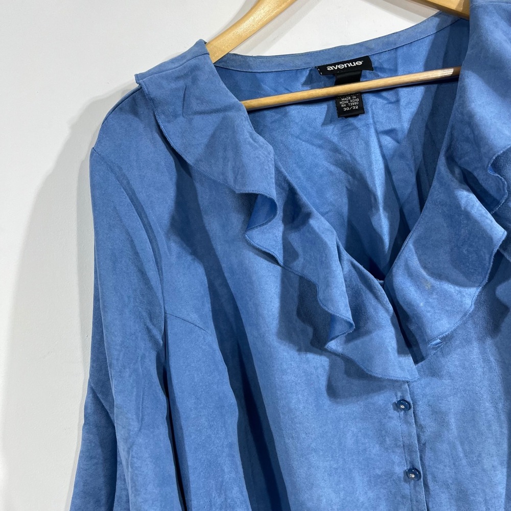 Avenue VTG Y2K Edwardian Fairy Grunge 90s Faux Suede Ruffle Top Blue Women 30 32 - Picture 2 of 8
